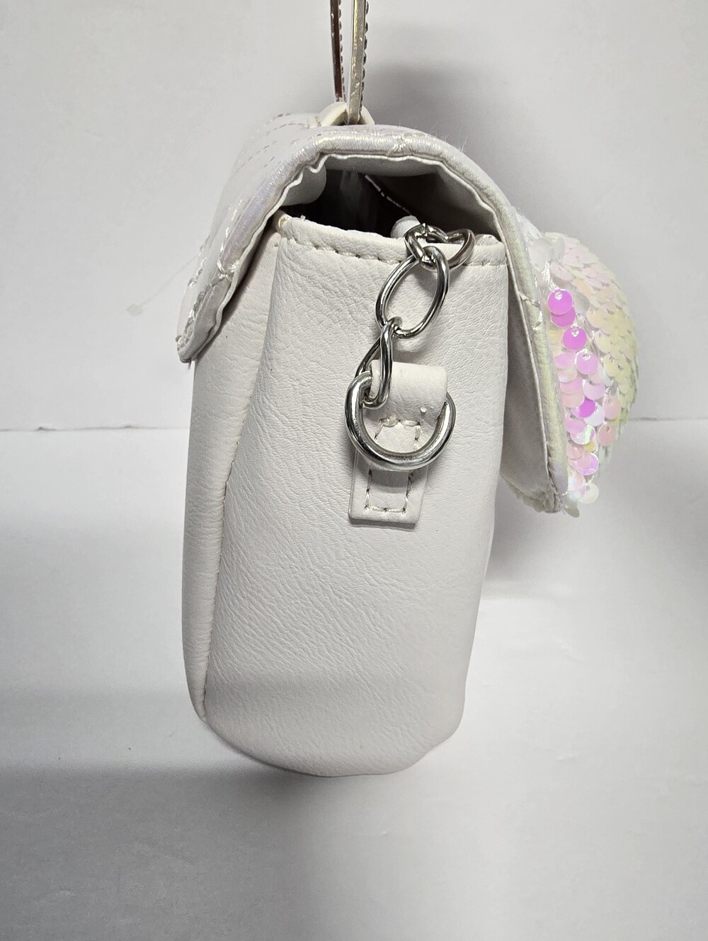 NWT OMG Accessories White Pearlescent Sequin Bow Bling Ring Handle Crossbod Bag - Picture 7 of 13